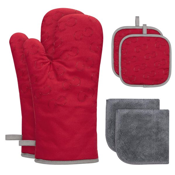 Velarnet 6 Pcs Oven Mitts and Pot Holders, Heat Resistant 500 Degrees Oven Gloves with Kitchen Towels Cotton Lining and Non-Slip Surface Safe for Baking, Cooking, BBQ (Red)