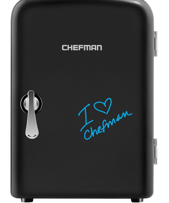 Chefman Mini Portable Eraser Board Personal Fridge, Cools & Heats 4 Liter Capacity, Chills 6 12oz cans, 100% Freon-Free & Eco Friendly, Includes Plugs for Home Outlet & 12V Car Charger, Black