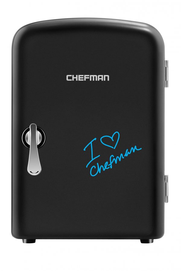 Chefman Mini Portable Eraser Board Personal Fridge, Cools & Heats 4 Liter Capacity, Chills 6 12oz cans, 100% Freon-Free & Eco Friendly, Includes Plugs for Home Outlet & 12V Car Charger, Black