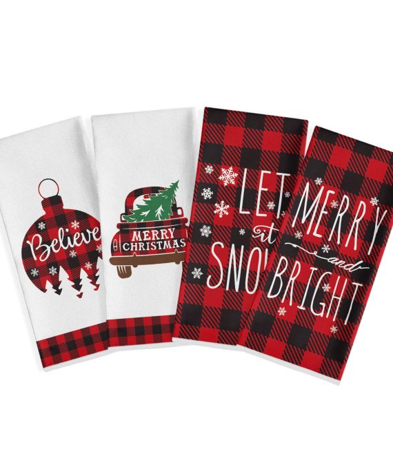 Artoid Mode Red and Black Buffalo Plaid Christmas Ornament Car Tree Kitchen Dish Towels, 18 x 28 Inch Christmas Holiday Ultra Absorbent Drying Cloth Tea Towels for Cooking Baking Set of 4
