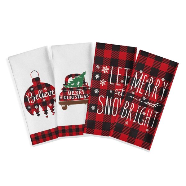 Artoid Mode Red and Black Buffalo Plaid Christmas Ornament Car Tree Kitchen Dish Towels, 18 x 28 Inch Christmas Holiday Ultra Absorbent Drying Cloth Tea Towels for Cooking Baking Set of 4