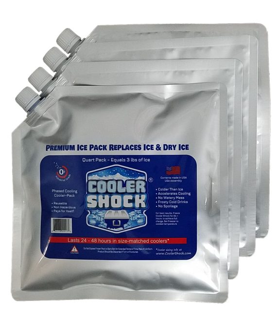 4 Mid-Size Cooler Freeze Packs 10x10 inch Screw Cap. The Coldest Pack at 18 Degrees F. No Ice Needed, Reusable. You Add Water & Save. C.S. Brand Packs Have 4,000 Reviews Avg. 4.6 Stars - Safe USA Made
