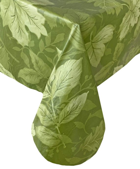 Newbridge Tossed Autumn Leaves Vinyl Flannel Backed Tablecloth - Casual Tonal Fall Leaf Thanksgiving Kitchen and Dining Room, Easy Care Wipe Clean Tablecloth, 60” x 84” Oblong/Rectangle, Green