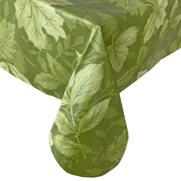 Newbridge Tossed Autumn Leaves Vinyl Flannel Backed Tablecloth - Casual Tonal Fall Leaf Thanksgiving Kitchen and Dining Room, Easy Care Wipe Clean Tablecloth, 60” x 84” Oblong/Rectangle, Green