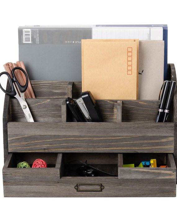 Distressed Rustic Wooden Office Desk Organizer 5 Compartment with 2 Drawer &Counter Desk Tabletop Desktop Mail Rack , Pens, Notebooks, Folders, Pencils and Office Supplies (Rock Grey)