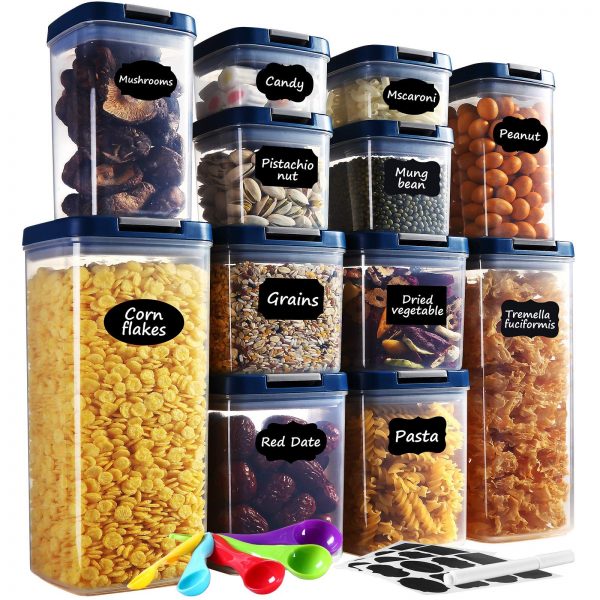 Food Storage Container with Lids Airtight, AUCEE 12pcs BPA-Free Dry Food Plastic Containers Storage Set Kitchen Pantry Organization and Storage with 24 Labels/ 1 Maker/ 5 Measuring Spoons
