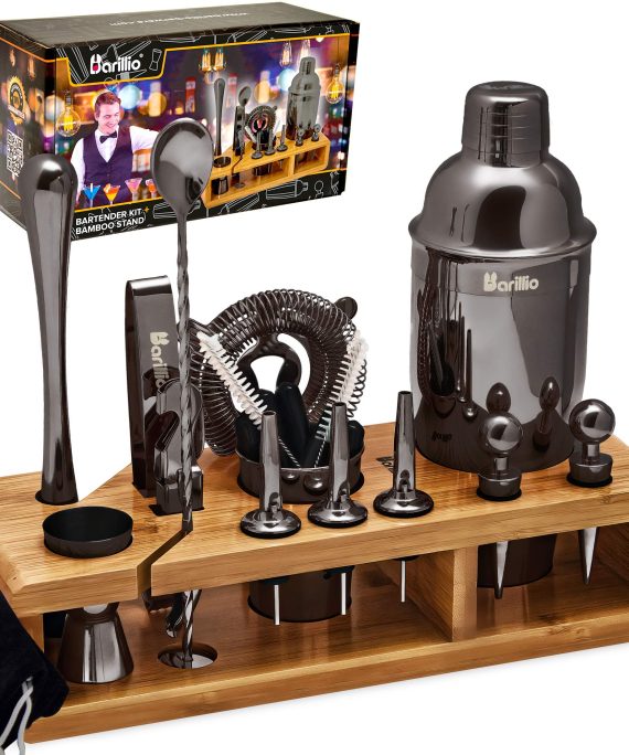 Black 23-Piece Bartender Kit Cocktail Shaker Set by BARILLIO: Stainless Steel Bar Tools With Sleek Bamboo Stand, Velvet Carry Bag & Recipes Booklet | Ultimate Drink Mixing Adventure