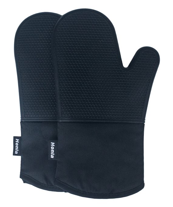 Honla Silicone Oven Mitts,Heat Resistant to 500 F,1 Pair of Non Slip Kitchen Oven Gloves for Cooking,Baking,Grilling,Barbecue Potholders,Black