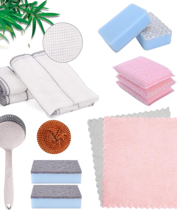 Cleaning Supplies Set 14 Piece-Inclued Kitchen 100% Bamboo Fiber Dish Towels, Microfiber Cleaning Cloth, Heavy Duty Scrubbing Sponges, Stainless Steel Sponges Scourer Reuseable Cleaning Products