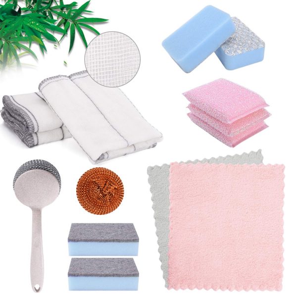 Cleaning Supplies Set 14 Piece-Inclued Kitchen 100% Bamboo Fiber Dish Towels, Microfiber Cleaning Cloth, Heavy Duty Scrubbing Sponges, Stainless Steel Sponges Scourer Reuseable Cleaning Products