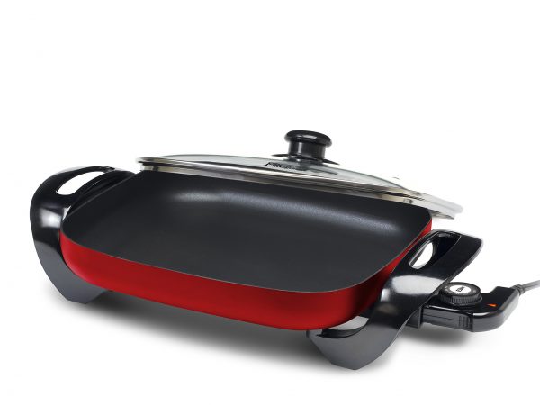 Elite Gourmet EG-1500R Electric Skillet with Glass Lid, 15" by 12", Red