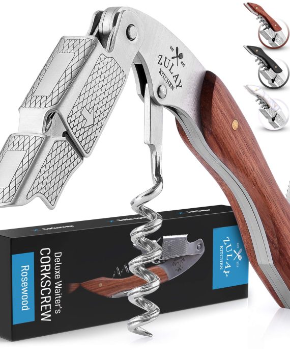 Zulay Waiter’s Corkscrew Bottle Opener - 3-in-1 Wine Key Tool With Foil Cutter & Dual Hinge Fulcrum - Professional Waiters Corkscrew For Waiters & Bartenders (Rosewood)