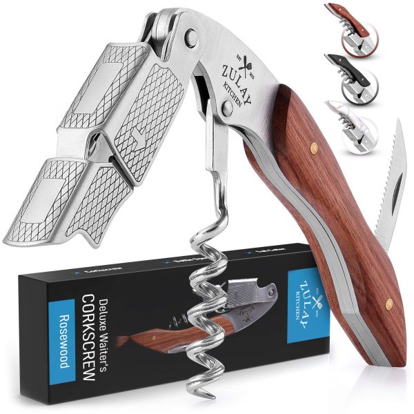 Zulay Waiter’s Corkscrew Bottle Opener - 3-in-1 Wine Key Tool With Foil Cutter & Dual Hinge Fulcrum - Professional Waiters Corkscrew For Waiters & Bartenders (Rosewood)