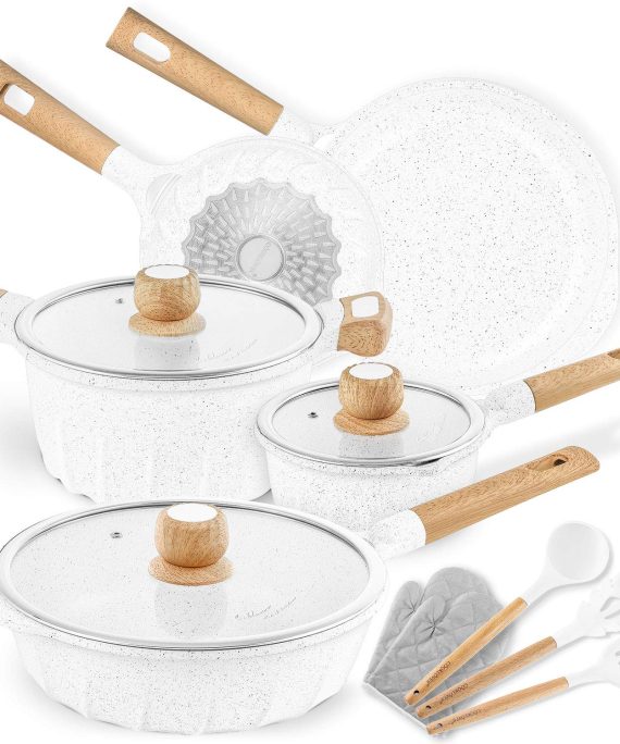 Cookware Set Nonstick 100% PFOA Free Induction Pots and Pans Set with Cooking Utensil 13 Piece – White