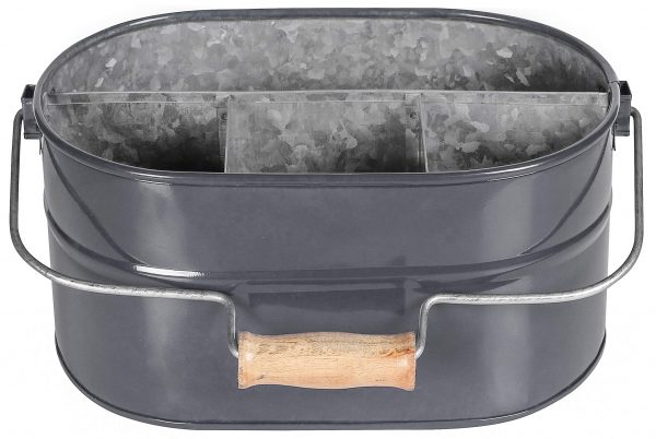 Utensil Caddy Carry-All Serveware - Galvanized Metal Organizer for Kitchen Counter - Comfortable Wooden Handle Indoor/Outdoor Storage For Flatware, Condiments, Party Cutlery, Arts - Grey / Natural