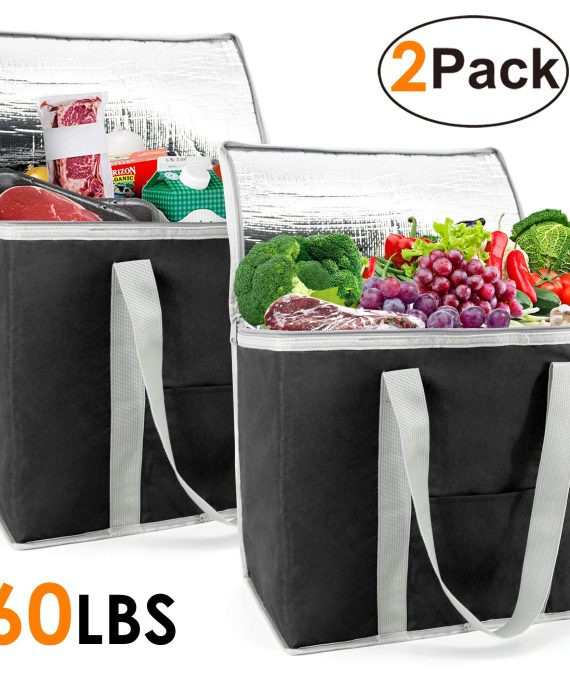Insulated-Grocery-Bags-Shopping-Cooler-Thermal-Tote 2 Pack for Hot Cold Frozen Food Transport X-Large 60LBS Reusable and Durable with Zipper Top Long Handles Stands Upright Collapsible Black