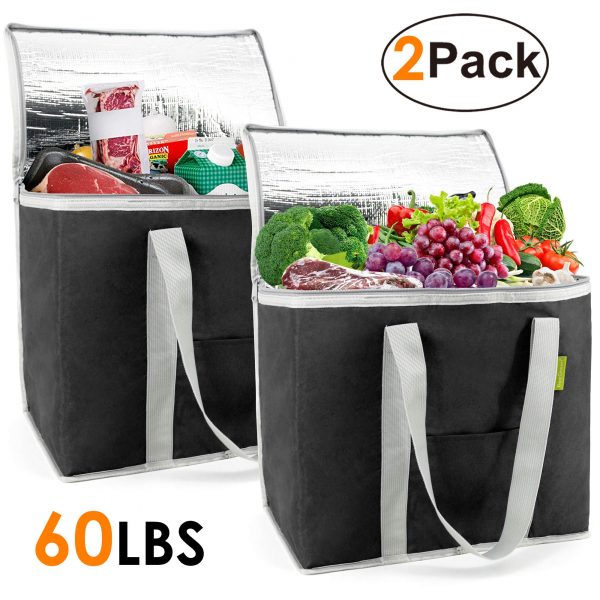 Insulated-Grocery-Bags-Shopping-Cooler-Thermal-Tote 2 Pack for Hot Cold Frozen Food Transport X-Large 60LBS Reusable and Durable with Zipper Top Long Handles Stands Upright Collapsible Black