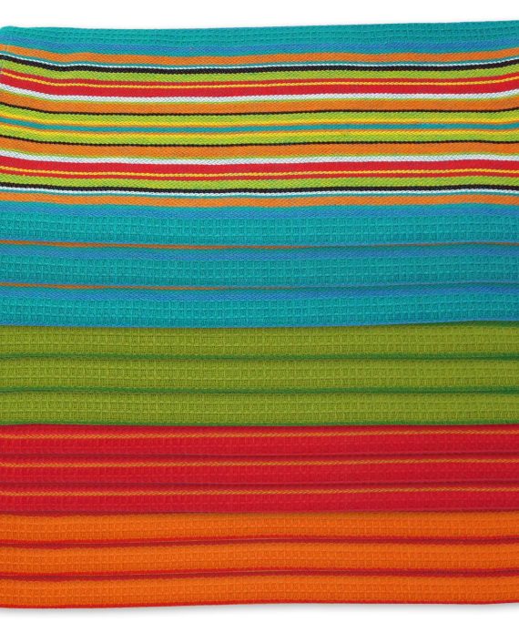 Kitchen Dish Towels Salsa Stripe - 100% Natural Absorbent Cotton (Size 28 x 16 inches) Festive Red, Orange, Green and Blue, 12-Pack