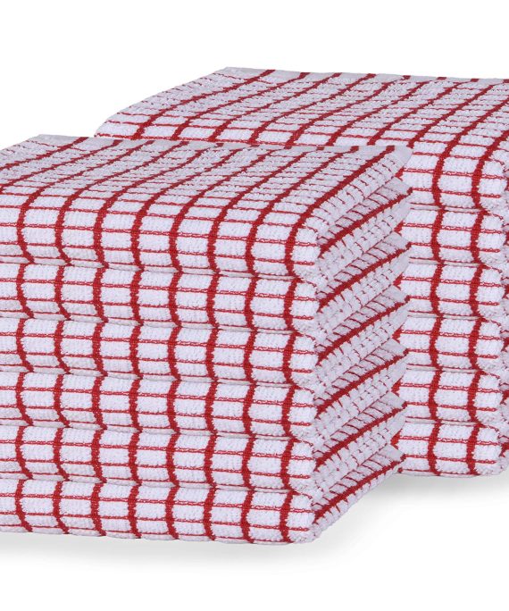 GLAMBURG Terry Windowpane Dish Cloths 12x12 Set of 12, Absorbent Dish Towels and Dish Cloths, Machine Washable Kitchen Tea Towels, Kitchen Bar Towels and Dish Towels - Red