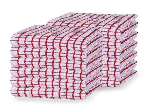 GLAMBURG Terry Windowpane Dish Cloths 12x12 Set of 12, Absorbent Dish Towels and Dish Cloths, Machine Washable Kitchen Tea Towels, Kitchen Bar Towels and Dish Towels - Red