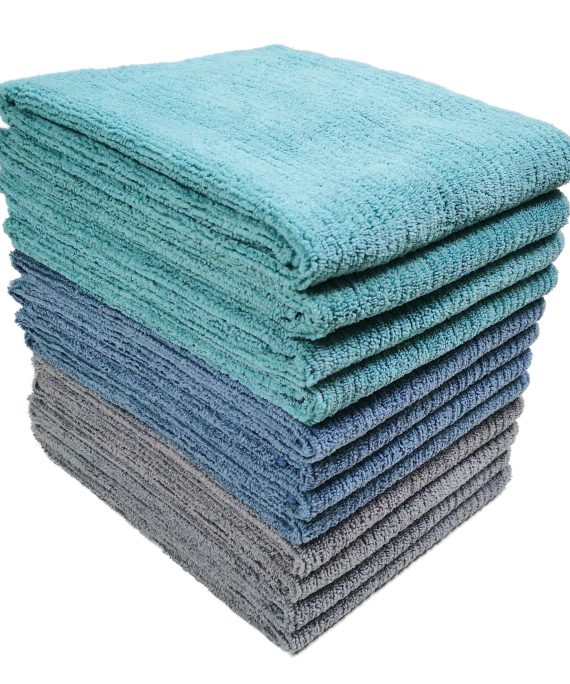 Polyte Premium Microfiber All-Purpose Ribbed Terry Kitchen Towel, 12 Pack (Blue, Green, Teal, 16x28 in)