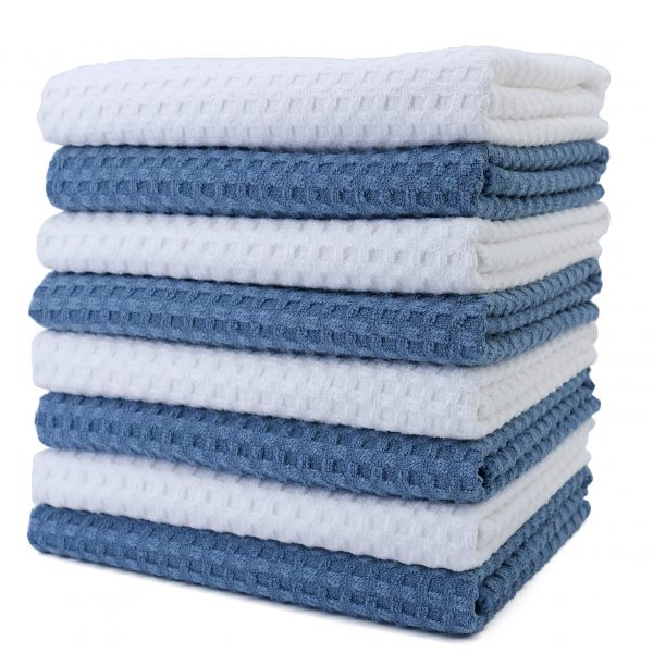 Polyte Ultra Premium Microfiber Kitchen Dish Hand Towel Waffle Weave, 8 Pack (16x28 in, Blue, White)