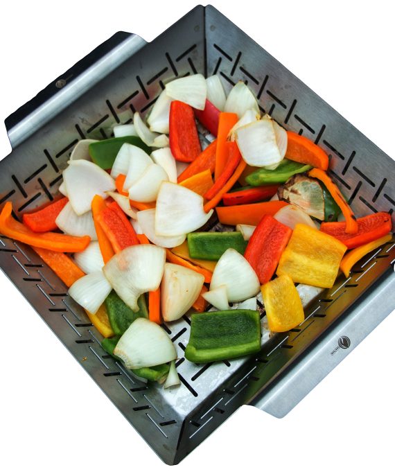 Cave Tools Vegetable Grill Basket - Dishwasher Safe Stainless Steel - Large Non Stick BBQ Grid Pan for Veggies Meat Fish Shrimp & Fruit - Best Barbecue Wok Topper Accessories Gift for Dad