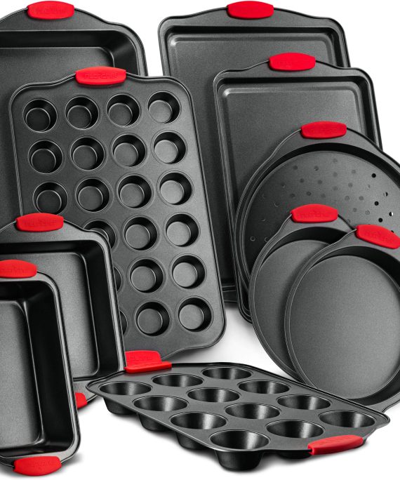 Nutrichef 10-Piece Carbon Steel Nonstick Bakeware Baking Tray Set w/Heat Red Silicone Handles, Oven Safe, Cookie Sheet