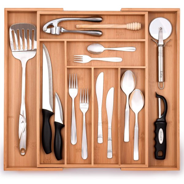 Zulay Expandable Bamboo Drawer Organizer - Adjustable Kitchen Drawer Organizer - Perfect Utensil Organizer For Silverware, Kitchen Knives, Flatware, and More
