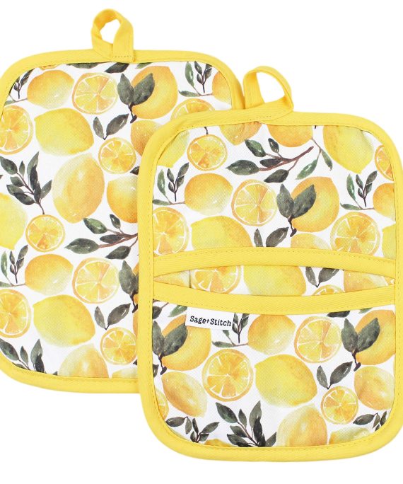 Sage and Stitch Kitchen Pot Holders for Women 7'' x 9'' with Hand Pockets and Hanging Loop, Dual Function Oven Mitt Trivet Potholder Hot Pad 100% Cotton, Heat Resistant Set of 2 - Yellow Lemons