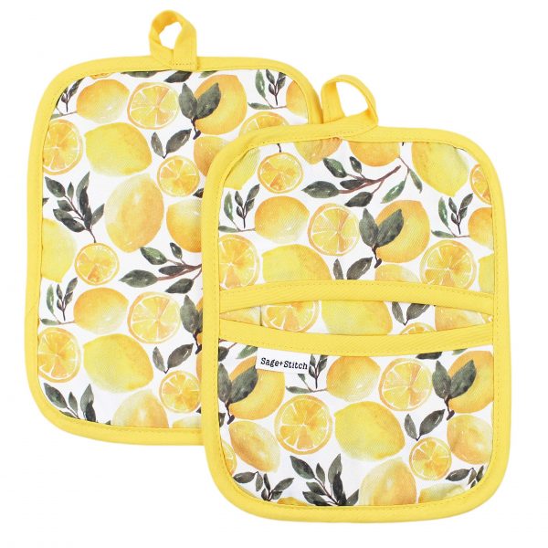 Sage and Stitch Kitchen Pot Holders for Women 7'' x 9'' with Hand Pockets and Hanging Loop, Dual Function Oven Mitt Trivet Potholder Hot Pad 100% Cotton, Heat Resistant Set of 2 - Yellow Lemons