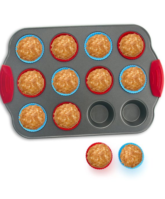 Boxiki Kitchen 12-Cup Mini Muffin Pan with Silicone Muffin Cups (Set of 12) Professional Nonstick Bakeware | Heavy Grade Steel and Silicone Muffin Tins