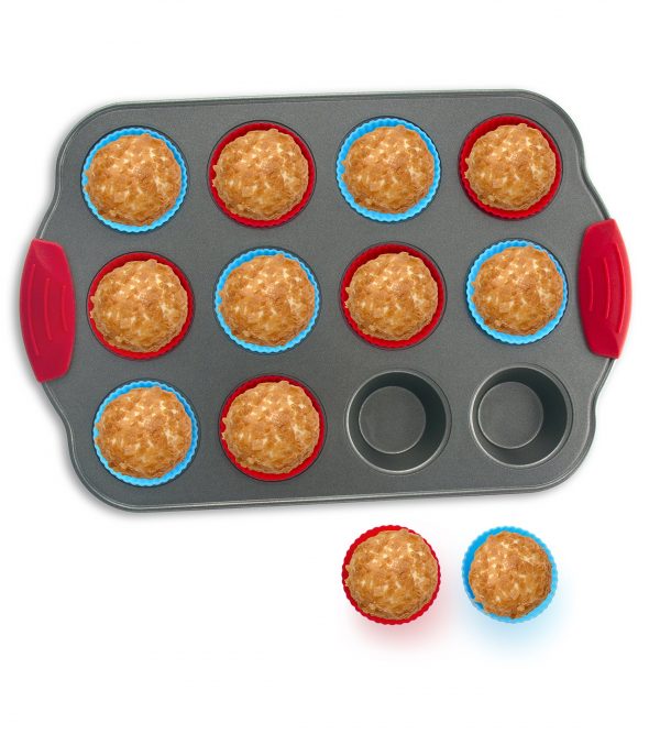 Boxiki Kitchen 12-Cup Mini Muffin Pan with Silicone Muffin Cups (Set of 12) Professional Nonstick Bakeware | Heavy Grade Steel and Silicone Muffin Tins
