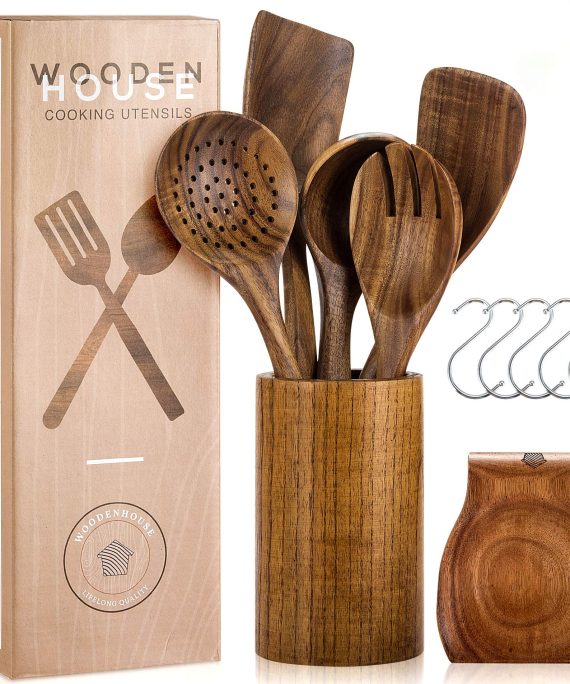 Wooden Utensils for Cooking Set with Holder