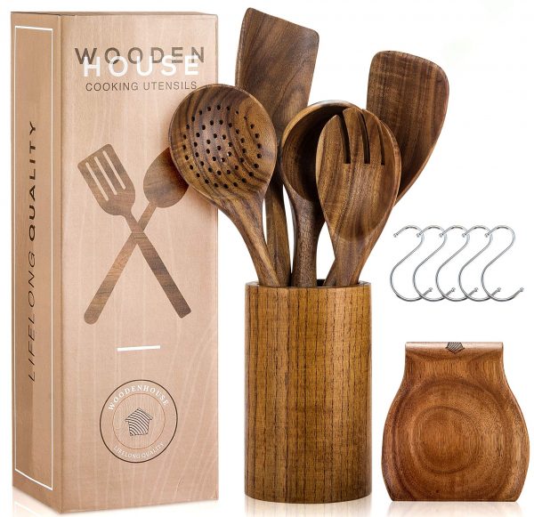Wooden Utensils for Cooking Set with Holder
