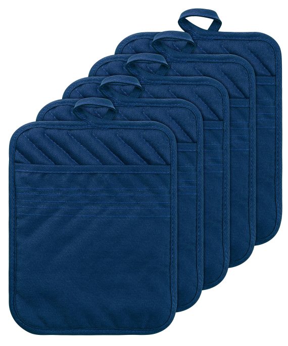 GROBRO7 5Pack Cotton Pocket Pot Holder Set Kitchen Heat Resistant Potholder Machine Washable Terry Cloth Potholders Bulk Oven Mitts Blue Plain Hot Pads Trivet for Baking Cooking with Pocket 7"x9"