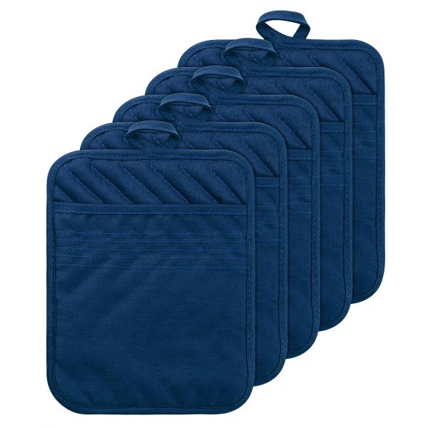 GROBRO7 5Pack Cotton Pocket Pot Holder Set Kitchen Heat Resistant Potholder Machine Washable Terry Cloth Potholders Bulk Oven Mitts Blue Plain Hot Pads Trivet for Baking Cooking with Pocket 7"x9"