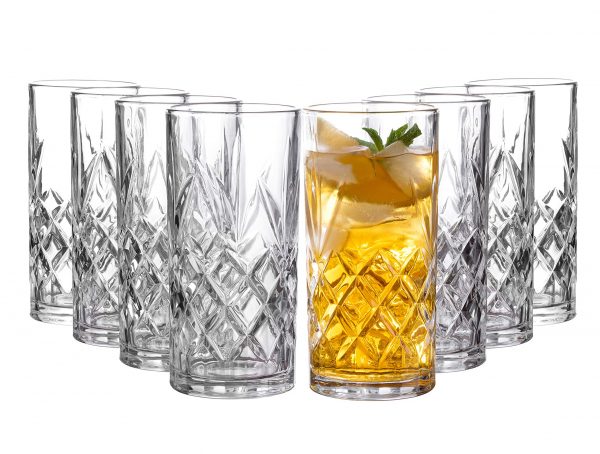 Clovelly Tall Highball Glasses Set of 8, 12 Ounce Cups, Textured Designer Glassware for Drinking Water, Beer, or Soda, Trendy and Elegant Dishware, Dishwasher Safe (Clovelly)