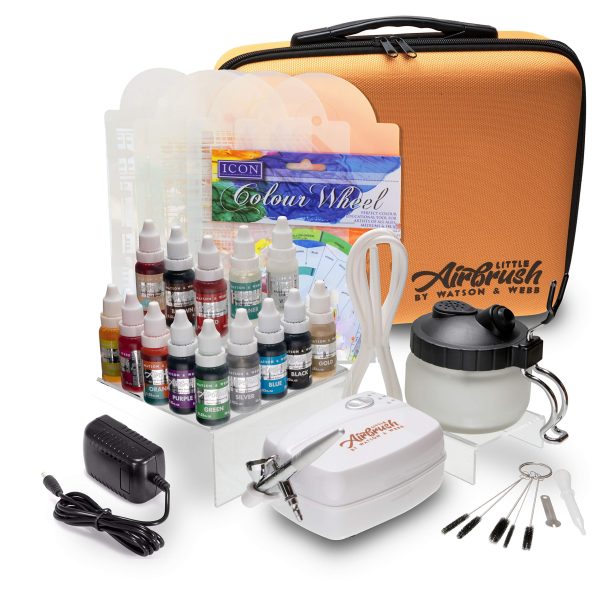 Airbrush Cake Decorating Kit - Watson and Webb Little Airbrush Including 13 Colors, Stencil, 1 x Airbrush Cleaning Solution and Pot, Cleaning Brushes and Case