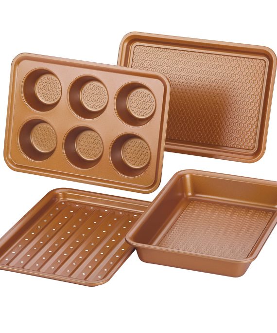 Ayesha Curry Nonstick Bakeware Toaster Oven Set with Nonstick Baking Pan, Cookie Sheet / Baking Sheet and Muffin Pan / Cupcake Pan - 4 Piece, Copper Brown