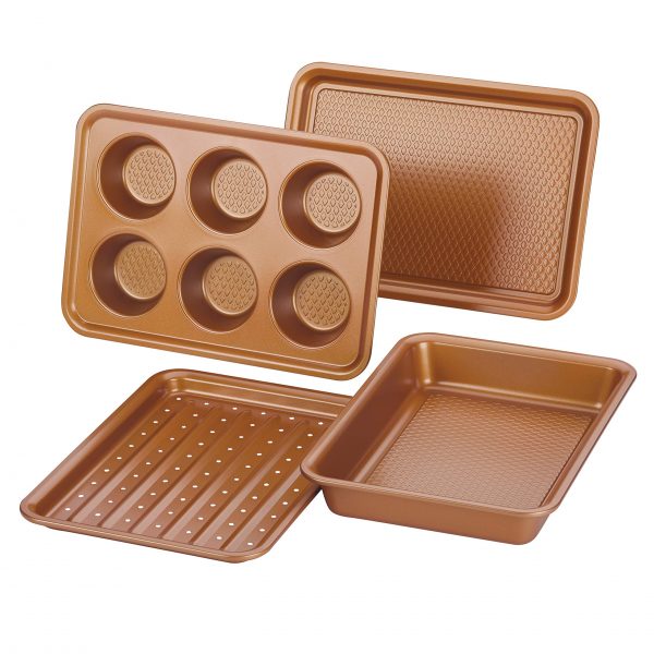 Ayesha Curry Nonstick Bakeware Toaster Oven Set with Nonstick Baking Pan, Cookie Sheet / Baking Sheet and Muffin Pan / Cupcake Pan - 4 Piece, Copper Brown