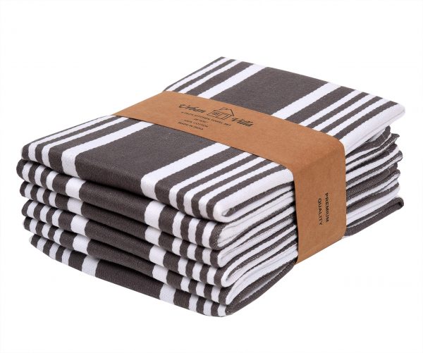 Urban Villa Kitchen Towels,Trendy Stripes, 100% Cotton Dish Towels, Mitered Corners, (Size: 20X30 Inch), Dove Grey/White Highly Absorbent Bar Towels & Tea Towels - (Set of 6)