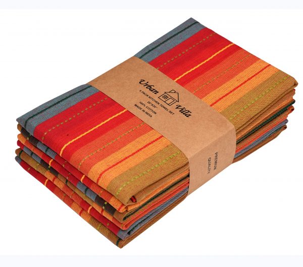 Urban Villa Kitchen Towels, Cuisine Stripes,Premium Quality,100% Cotton Dish Towels,Mitered Corners,Ultra Soft (Size: 20X30 Inch), Red Multi, Highly Absorbent Bar Towels & Tea Towels - (Set of 6)