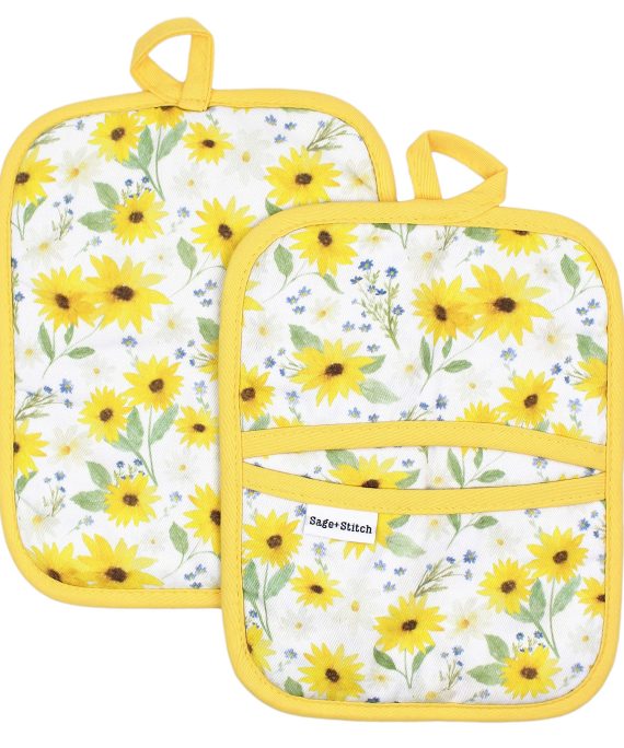 Sage and Stitch Kitchen Pot Holders for Women 7'' x 9'' with Hand Pockets and Hanging Loop, Dual Function Oven Mitt Trivet Potholder Hot Pad 100% Cotton, Heat Resistant Set of 2 - Yellow Sunflowers