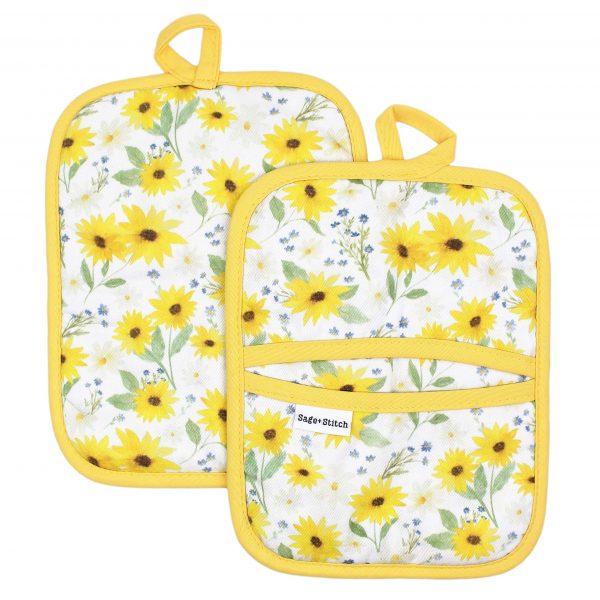 Sage and Stitch Kitchen Pot Holders for Women 7'' x 9'' with Hand Pockets and Hanging Loop, Dual Function Oven Mitt Trivet Potholder Hot Pad 100% Cotton, Heat Resistant Set of 2 - Yellow Sunflowers