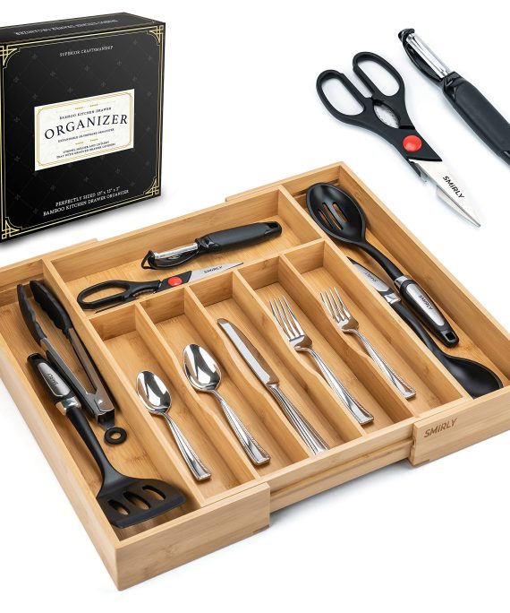 Smirly Kitchen Drawer Organizer - Utensil Tray Drawer Organizer with 2 Useful Utensils | Expandable Bamboo Drawer Organizer and Silverware Tray | 6-8 Slot Cutlery Organizer with Unique Drawer Divider