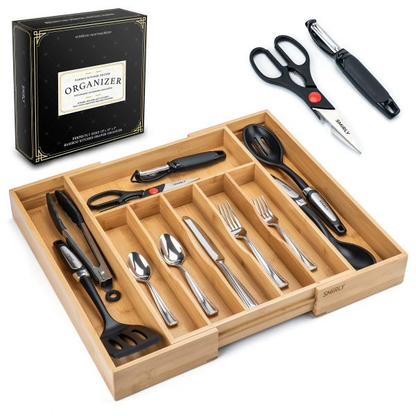 Smirly Kitchen Drawer Organizer - Utensil Tray Drawer Organizer with 2 Useful Utensils | Expandable Bamboo Drawer Organizer and Silverware Tray | 6-8 Slot Cutlery Organizer with Unique Drawer Divider