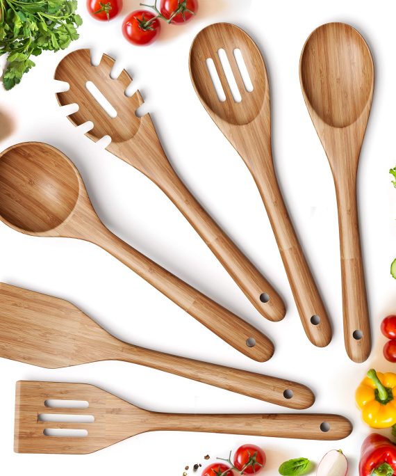 6 Piece Non-Stick Bamboo Wooden Utensils for Cooking
