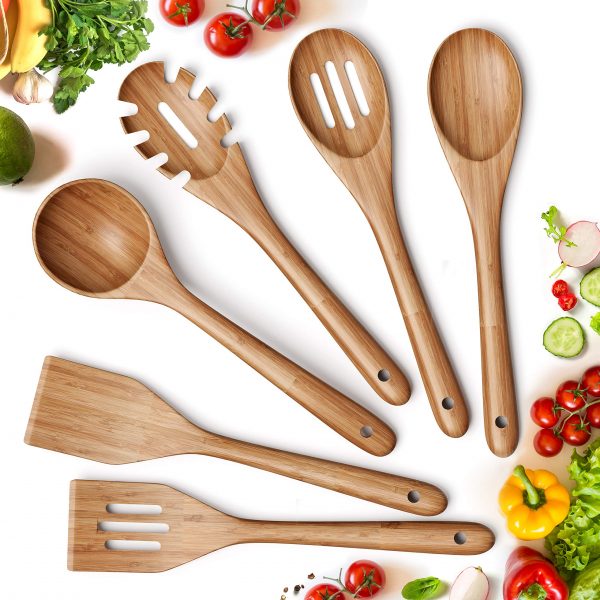 6 Piece Non-Stick Bamboo Wooden Utensils for Cooking