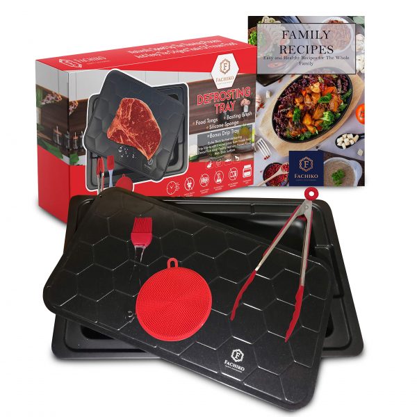 Fast Defrosting Tray Thawing Plate Family Size Defrosting Tray Set, Quick Rapid Thawing of Frozen Foods Meat, Seafood, 4 pc Set Includes Tray, Tongs, Brush, Sponge, Recipe E-Book for Kitchen Serving